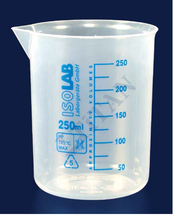 ISOLAB - 026.04.250 beher - kulplu - P.P - kısa form - mavi skala - 250 ml (1 adet / paket)