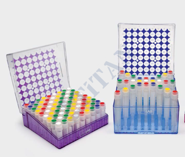 ISOLAB - 093.01.001P cryo tüp kutusu - polikarbonat - 2 ml tüpler için - menteşeli kapaklı - mor (1 adet / paket)