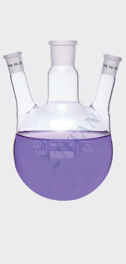 ISOLAB - 030.40.500 balon - dibi yuvarlak - 3 boyunlu - yan dişi şilif - merkez boyun : NS 29/32 - yan boyun(lar): NS 19/26 - 500 ml (1 adet / paket)