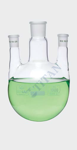 ISOLAB - 030.43.901 balon - dibi yuvarlak - 3 boyunlu - paralel yan boyun - merkez boyun : NS 24/29 - yan boyun(lar) : NS 14/ 23 - 1000 ml (1 adet / paket)