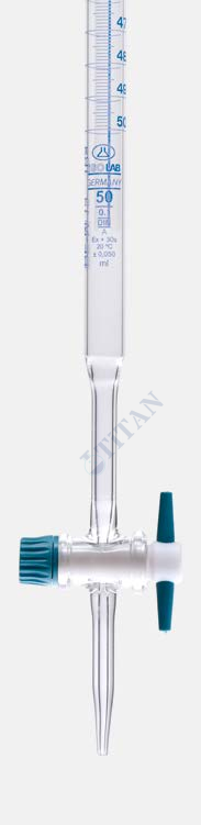 ISOLAB - 017.02.050 büret - düz - şeffaf - PTFE musluklu - AS kalite - grup sertifikalı - mavi skala - 50 ml (1 adet / paket)