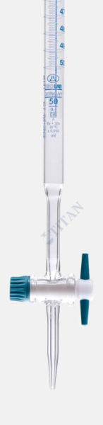 ISOLAB - 017.01.010 büret - düz - şeffaf - PTFE musluklu - AS kalite - grup sertifikalı - şelbah çizgili - mavi skala - 10 ml (1 adet / paket)