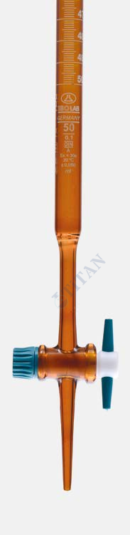 ISOLAB - 018.01.010 büret - düz - amber - PTFE musluklu - AS kalite - grup sertifikalı - beyaz skala - 10 ml (1 adet / paket)